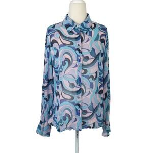 Vintage 90s/Y2K INC Blue Abstract Swirl Silk Button-Down Blouse Top 12